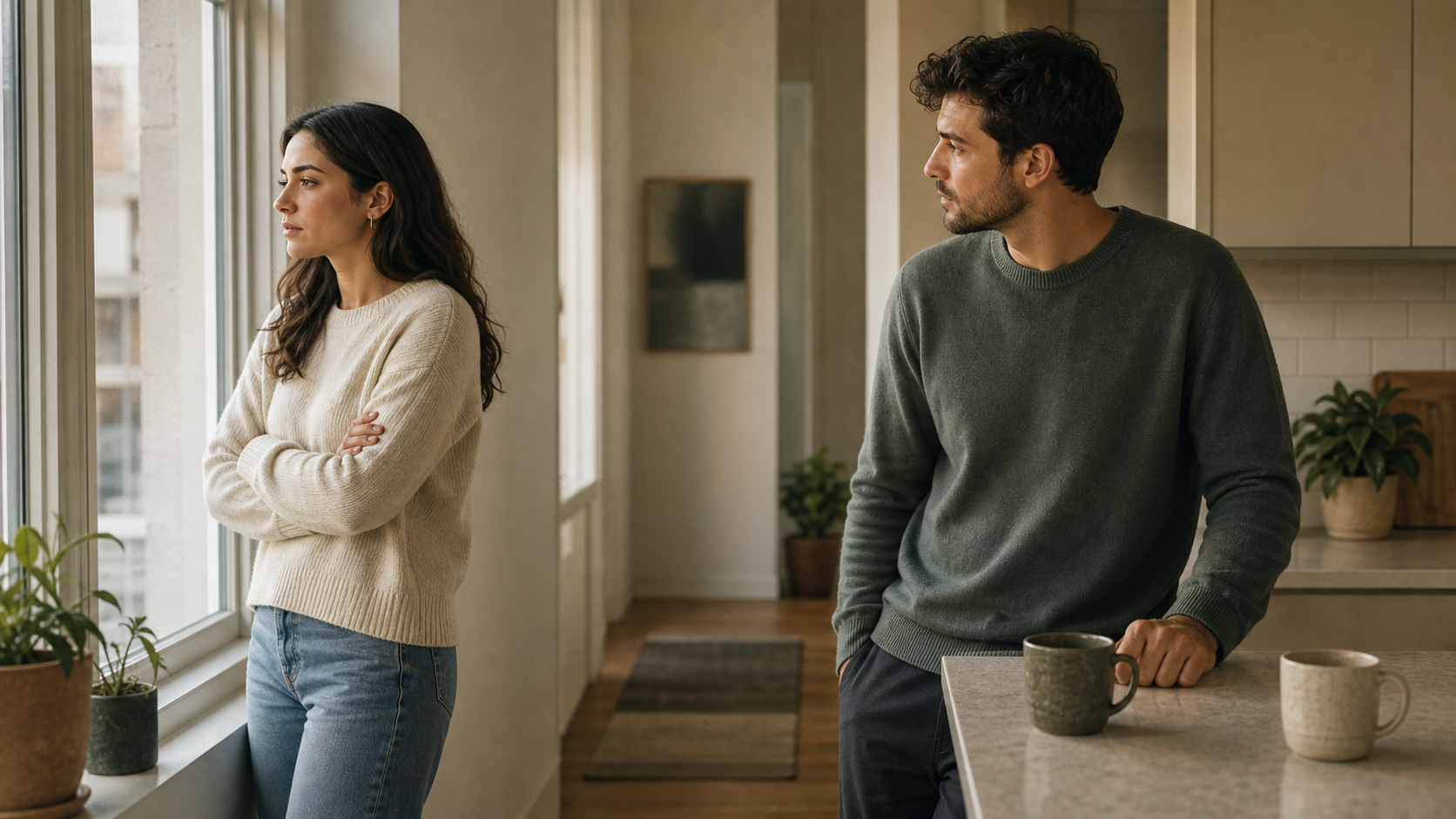 A realistic photo of a couple sitting apart in a quiet kitchen after an argument.
