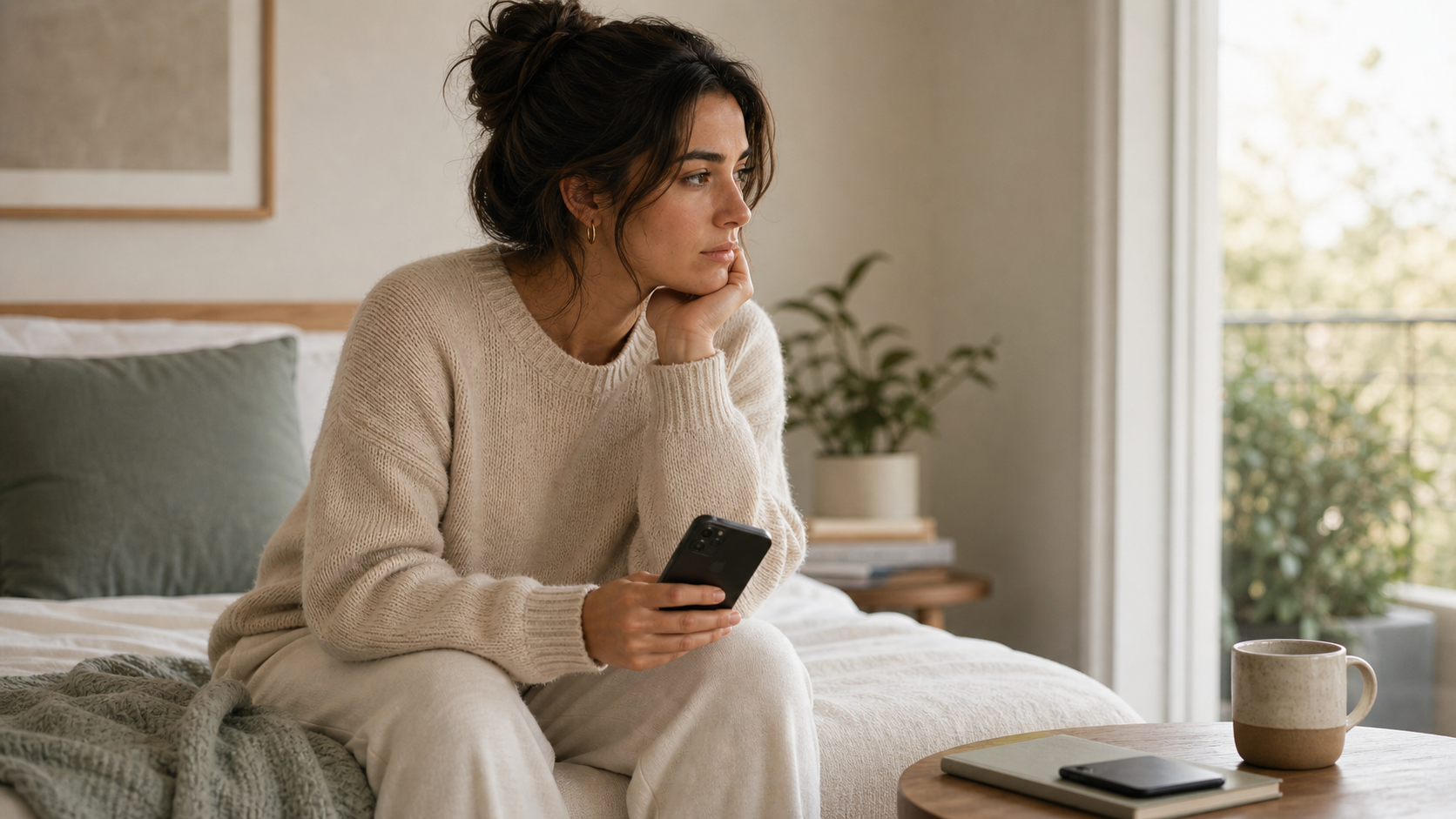 A realistic photo of a person pausing with their phone before sending a difficult text.