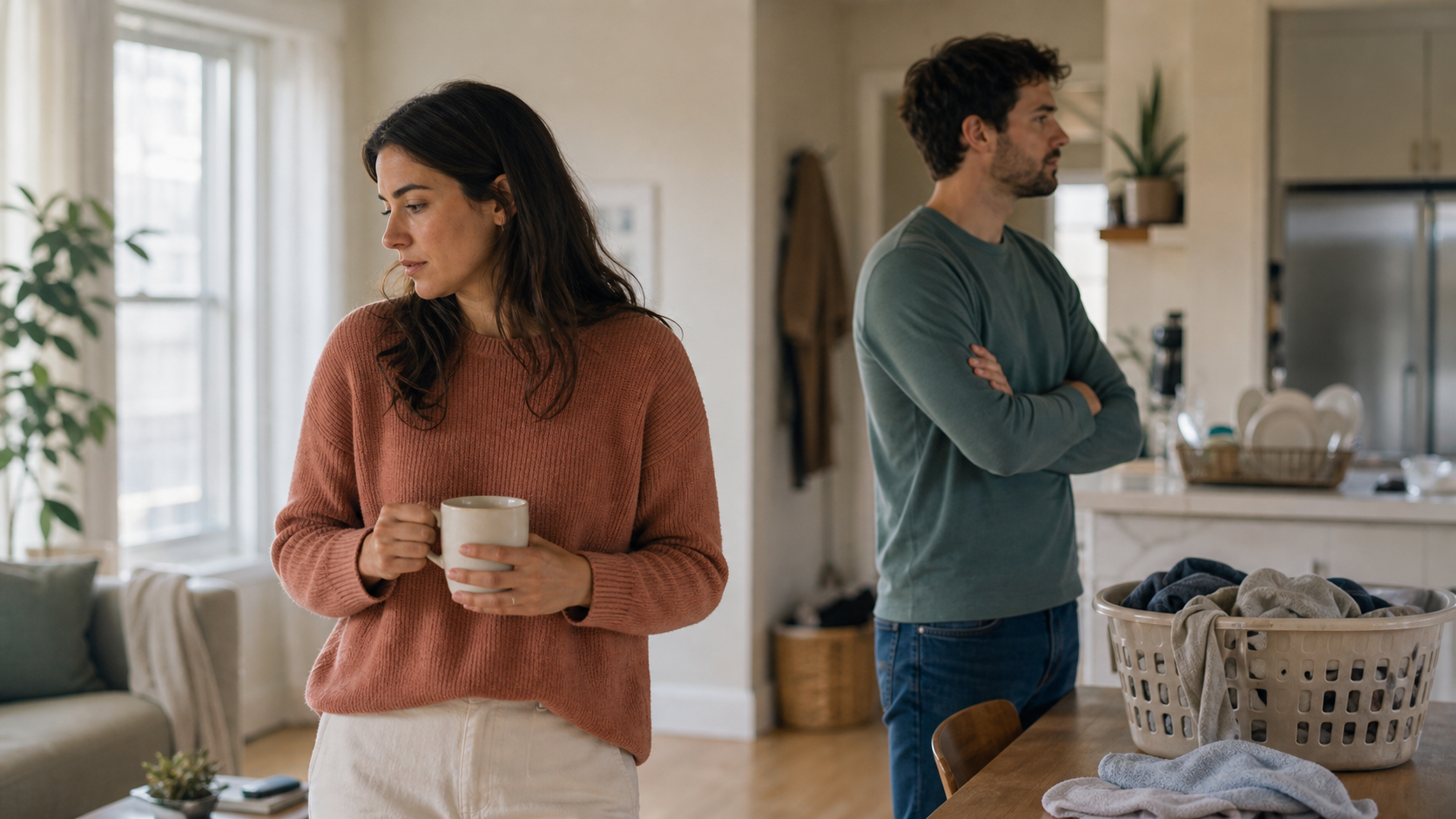 A realistic photo of a couple in a tense domestic moment with laundry and everyday clutter.